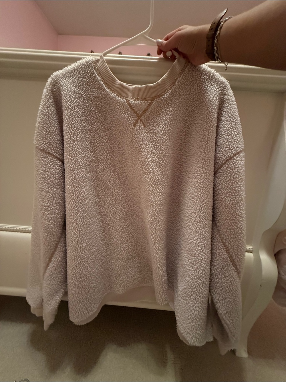 American Eagle Outfitters Cream Sherpa Crewneck Sweater